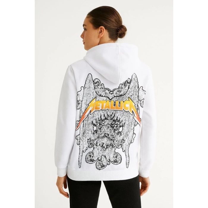 Metallica İki İplik Kapüşonlu Ön ve Arka Baskılı hoodie - Beyaz