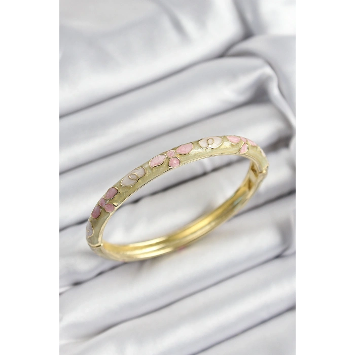 Mineli Pirinç Pembe Hardal Ve Krem Çiçek Motifli Gold Renk Kadın Kelepçe