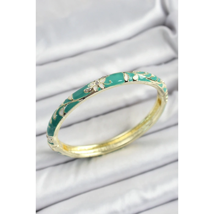 Mineli Pirinç Yeşil Çiçek Motifli Kadın Kelepçe