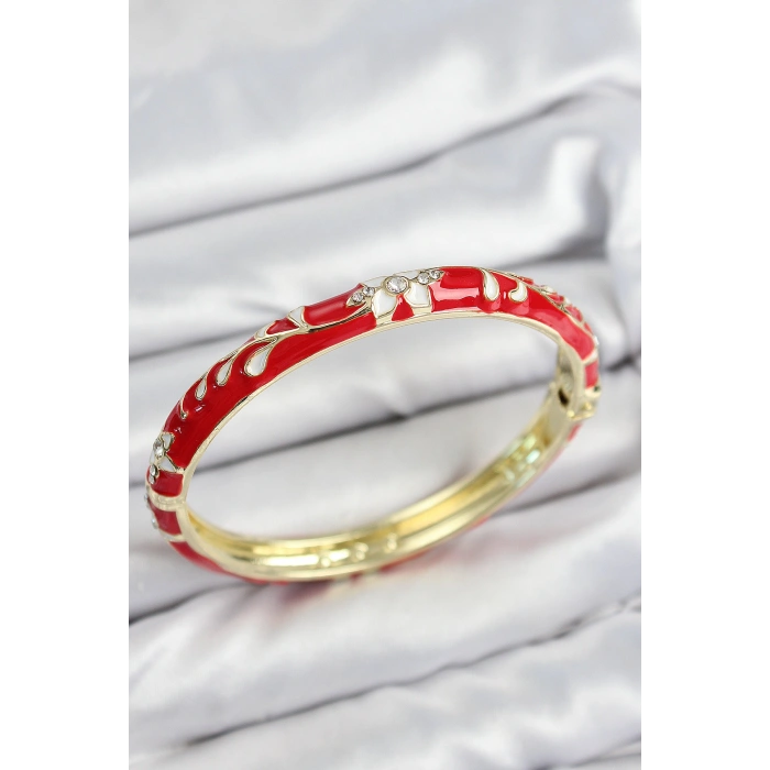 Mineli Pirinç Zirkon Taşlı Kırmızı Çiçek Motifli Gold Kadın Kelepçe