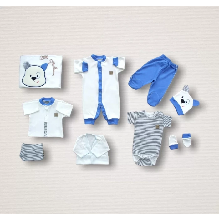 Minik Centilmen Ayı Nakışlı  10Lu Zıbın Takımı Hastane Çıkışı Mavi