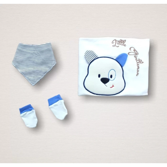 Minik Centilmen Ayı Nakışlı  10Lu Zıbın Takımı Hastane Çıkışı Mavi