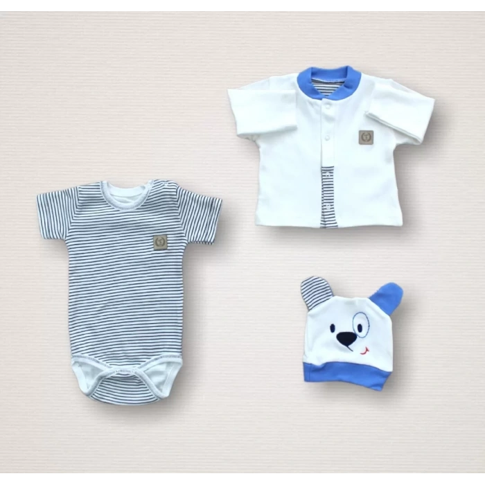 Minik Centilmen Ayı Nakışlı  10Lu Zıbın Takımı Hastane Çıkışı Mavi