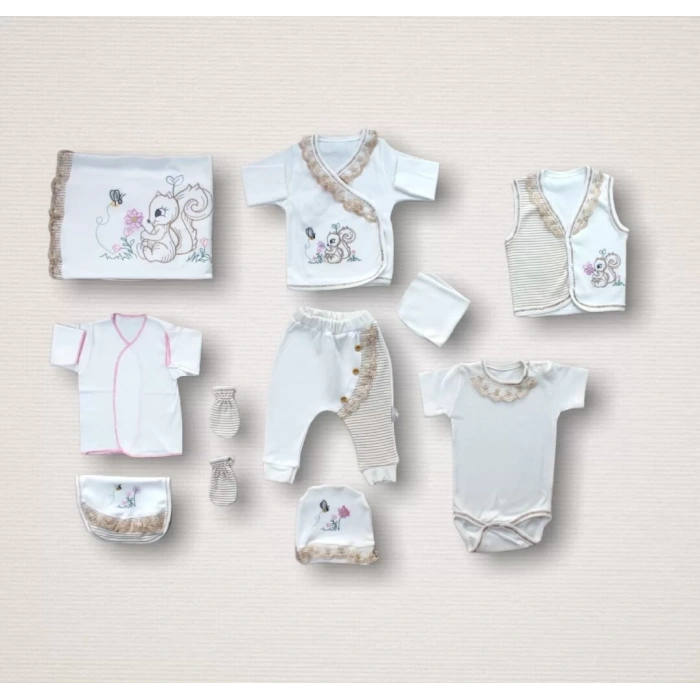 Minik Sincap Nakışlı  10Lu Zıbın Takımı Hastane Çıkışı Ekru