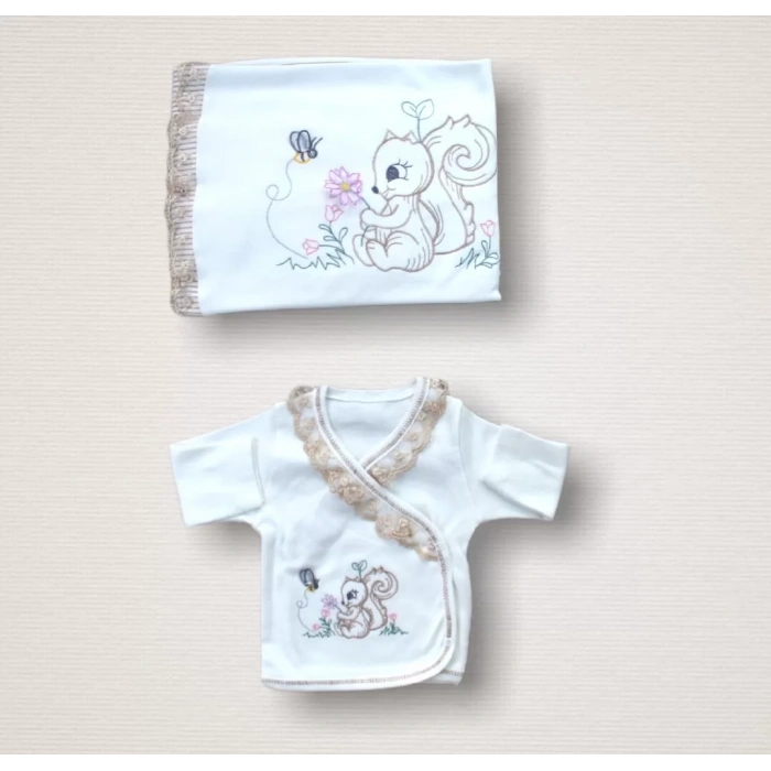 Minik Sincap Nakışlı  10Lu Zıbın Takımı Hastane Çıkışı Ekru