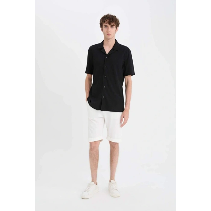 Modern Fit Polo Yaka Dokulu Penye Kısa Kollu Gömlek