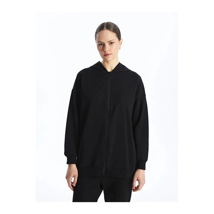Modest Kapüşonlu Düz Uzun Kollu Kadın Fermuarlı Sweatshirt