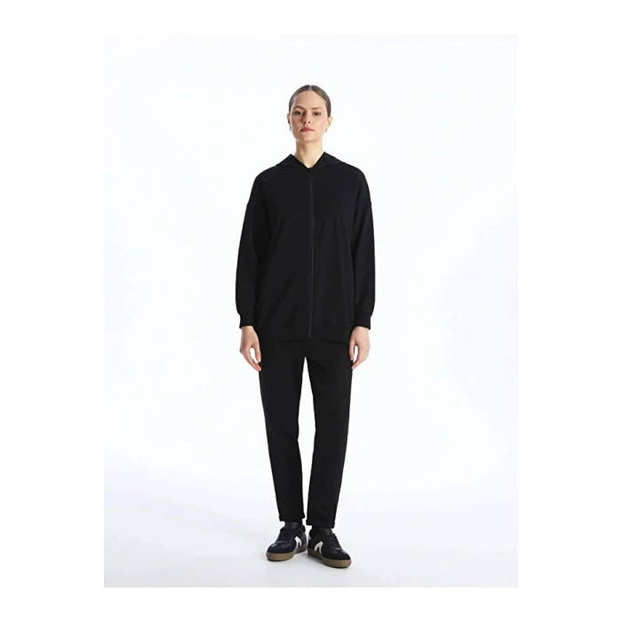 Modest Kapüşonlu Düz Uzun Kollu Kadın Fermuarlı Sweatshirt