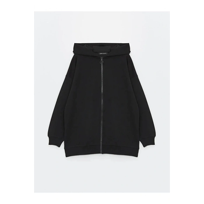 Modest Kapüşonlu Düz Uzun Kollu Kadın Fermuarlı Sweatshirt