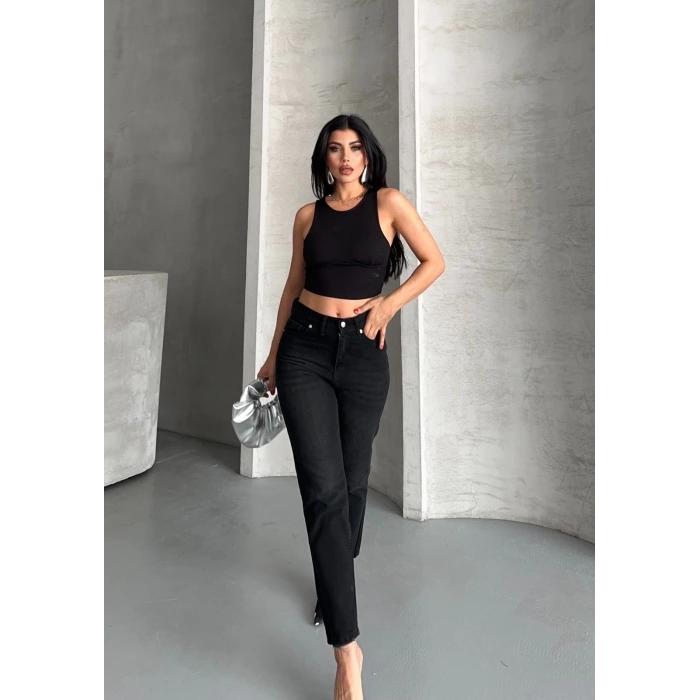 Mom fit enzim bıyıklı taş yıkama jeans pantolon siyah d2006