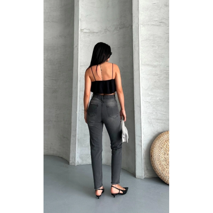 Mom fit enzim taş yıkama jeans pantolon füme d2006