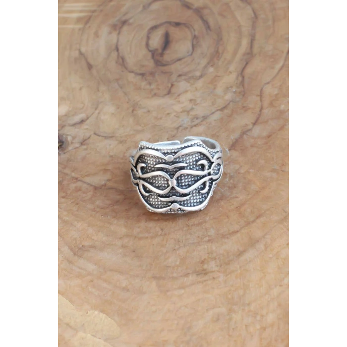 Motifli Gümüş Renk Ayarlanabilir Erkek Yüzük