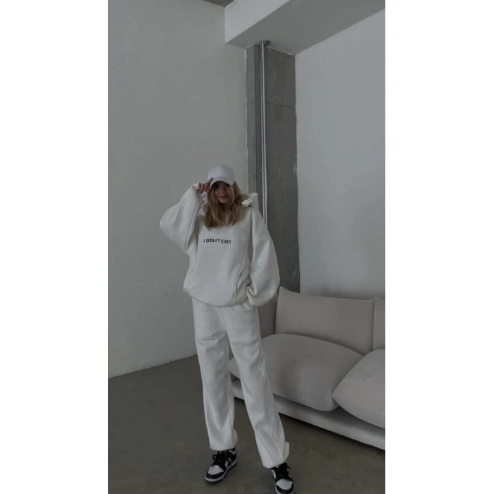 Nakış İşlemeli Üç İplik Sweat Takım- Beyaz