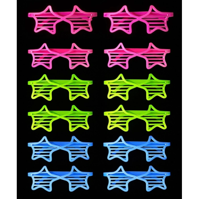 Neon Fosforlu Yıldız Panjur Gözlük 12 Adet – 80’ler 90’lar Parti Stili
