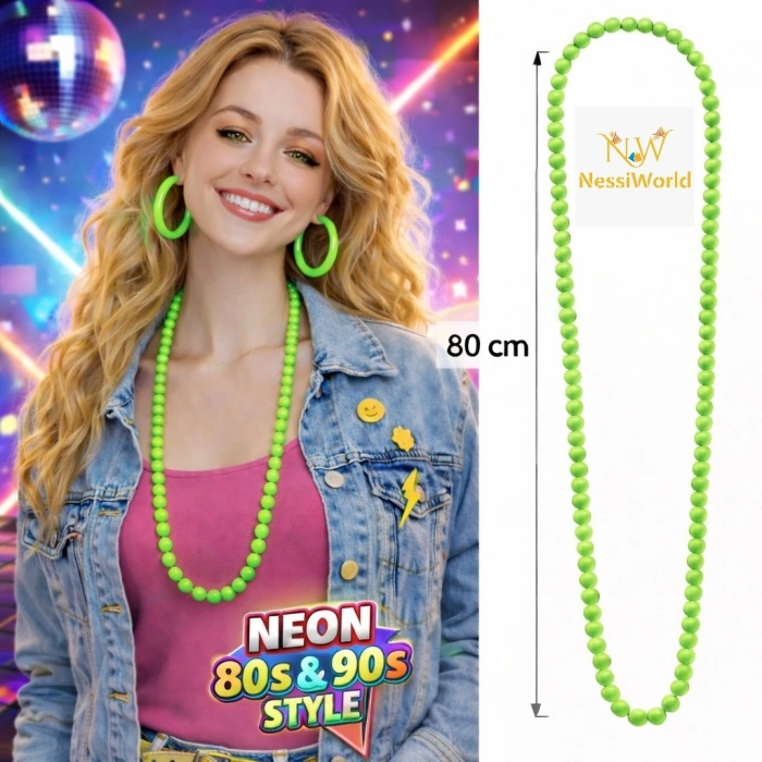 Neon Yeşil Boncuk Kolye 80 cm – Retro 80’ler 90’lar Parti Aksesuarı
