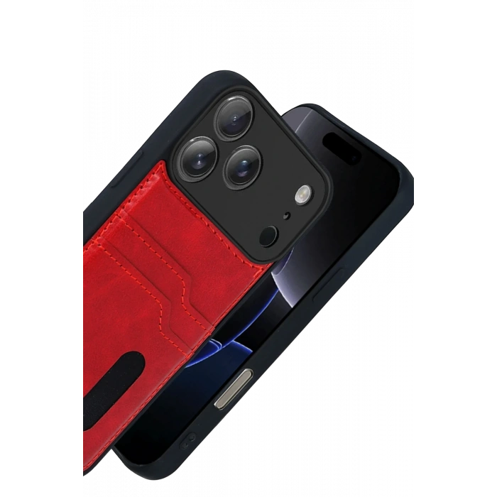 Newface Apple iPhone 17 Pro Max Sara Kartvizitli Deri Kılıf - Kırmızı