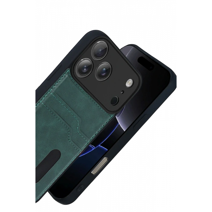 Newface Apple iPhone 17 Pro Sara Kartvizitli Deri Kılıf - Yeşil