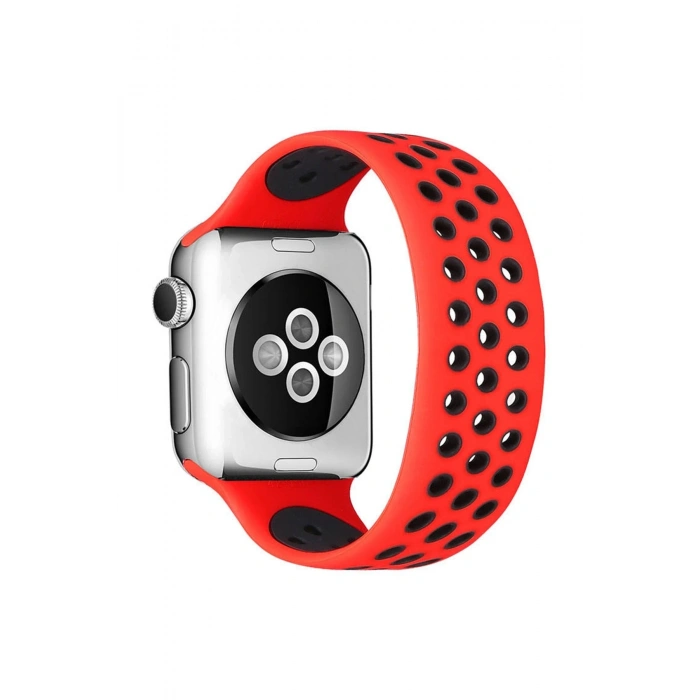 Newface Apple Watch 38mm Ayarlı Delikli Silikon Kordon - Kırmızı-Siyah