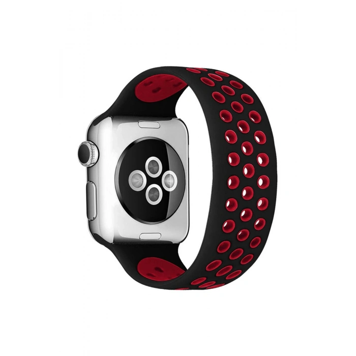 Newface Apple Watch 38mm Ayarlı Delikli Silikon Kordon - Siyah-Kırmızı