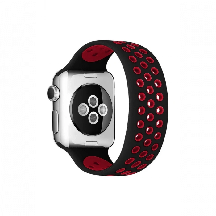 Newface Apple Watch 38mm Ayarlı Delikli Silikon Kordon - Siyah-Kırmızı