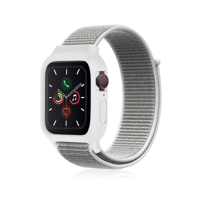 Newface Apple Watch 38mm Hasırlı Cırtcırtlı Kasalı Kordon - Beyaz