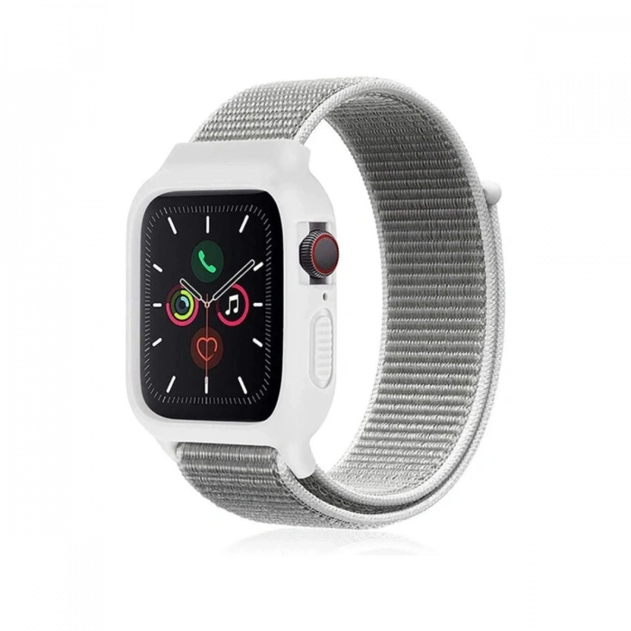 Newface Apple Watch 38mm Hasırlı Cırtcırtlı Kasalı Kordon - Beyaz