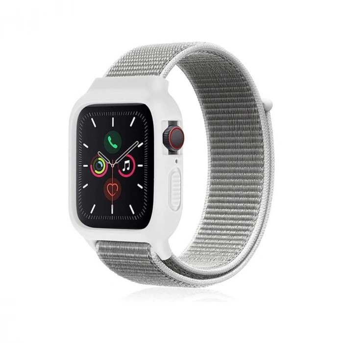 Newface Apple Watch 38mm Hasırlı Cırtcırtlı Kasalı Kordon - Beyaz