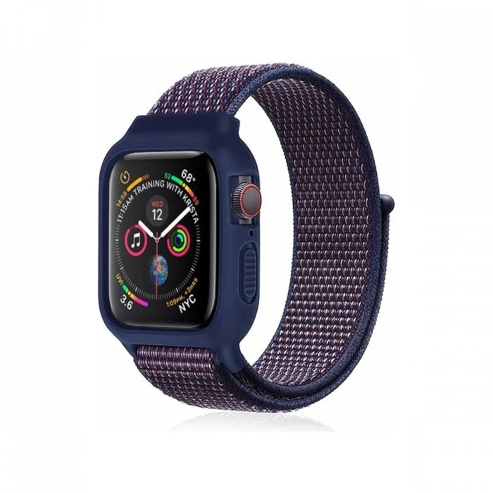 Newface Apple Watch 38mm Hasırlı Cırtcırtlı Kasalı Kordon - Lacivert-Mürdüm