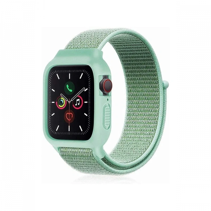Newface Apple Watch 38mm Hasırlı Cırtcırtlı Kasalı Kordon - Turkuaz