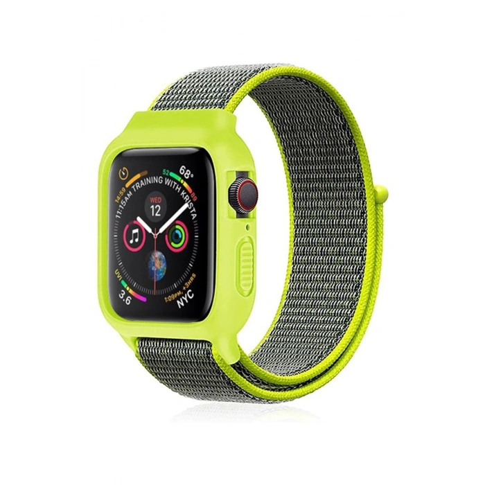 Newface Apple Watch 38mm Hasırlı Cırtcırtlı Kasalı Kordon - Yeşil