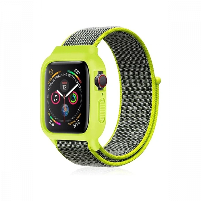Newface Apple Watch 38mm Hasırlı Cırtcırtlı Kasalı Kordon - Yeşil