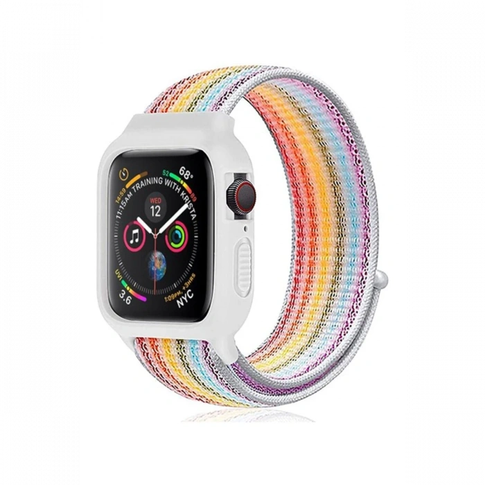Newface Apple Watch 42mm Hasırlı Cırtcırtlı Kasalı Kordon - Gökkuşağı 2