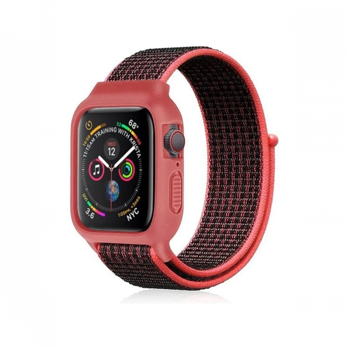 Newface Apple Watch 42mm Hasırlı Cırtcırtlı Kasalı Kordon - Siyah-Pembe