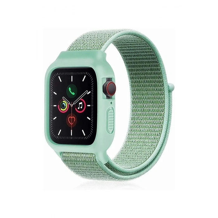 Newface Apple Watch 42mm Hasırlı Cırtcırtlı Kasalı Kordon - Turkuaz