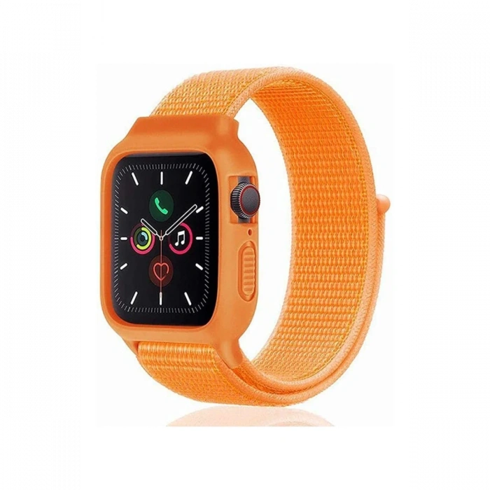 Newface Apple Watch 42mm Hasırlı Cırtcırtlı Kasalı Kordon - Turuncu