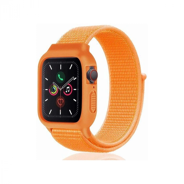Newface Apple Watch 42mm Hasırlı Cırtcırtlı Kasalı Kordon - Turuncu