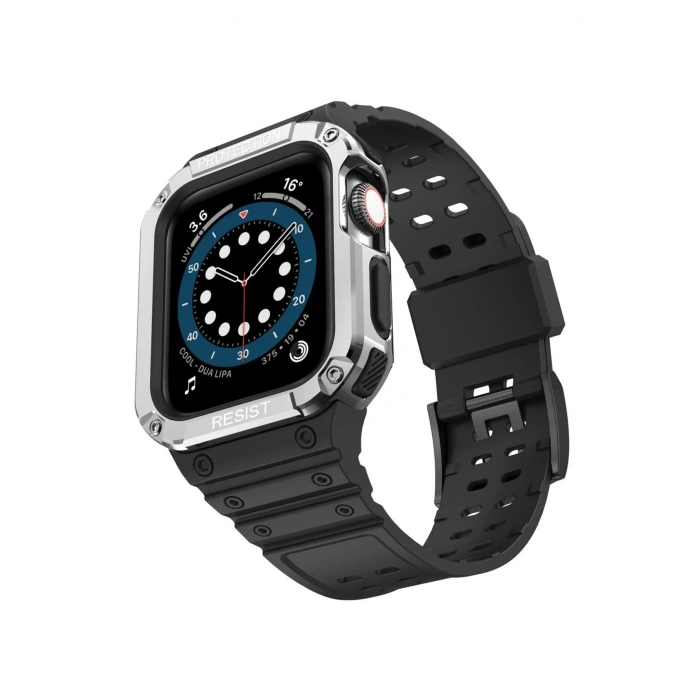 Newface Apple Watch 42mm KR401 Silikon Kordon - Siyah-Gümüş