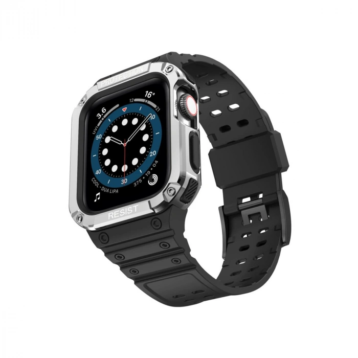Newface Apple Watch 42mm KR401 Silikon Kordon - Siyah-Gümüş