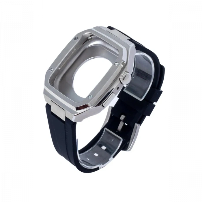 Newface Apple Watch 44mm KR402 Metal Kasa Silikon Kordon - Gümüş