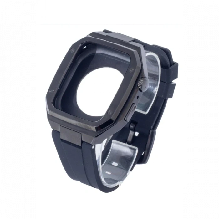 Newface Apple Watch 44mm KR402 Metal Kasa Silikon Kordon - Siyah