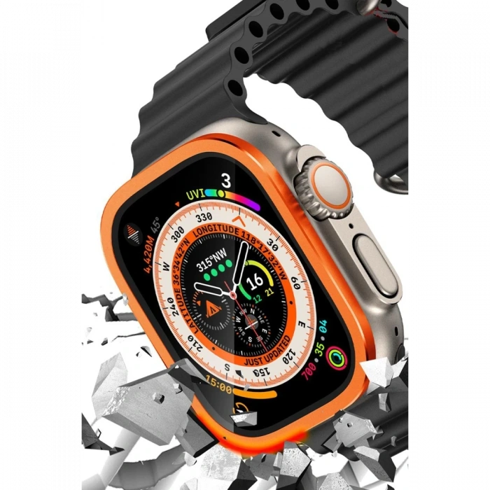 Newface Apple Watch Ultra 49mm Alüminyum Kasa Cam Ekran Koruyucu - Turuncu
