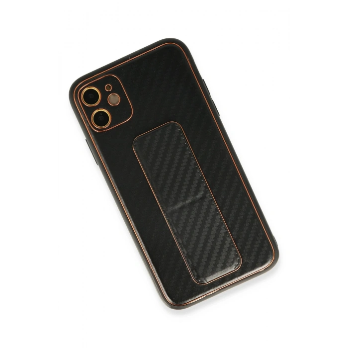 Newface iPhone 12 Kılıf Coco Karbon Standlı Kapak - Siyah