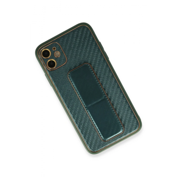 Newface iPhone 12 Kılıf Coco Karbon Standlı Kapak - Yeşil