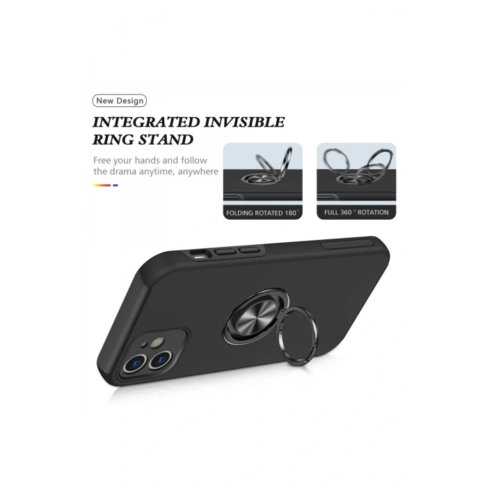 Newface iPhone 12 Kılıf Elit Yüzüklü Kapak - Siyah