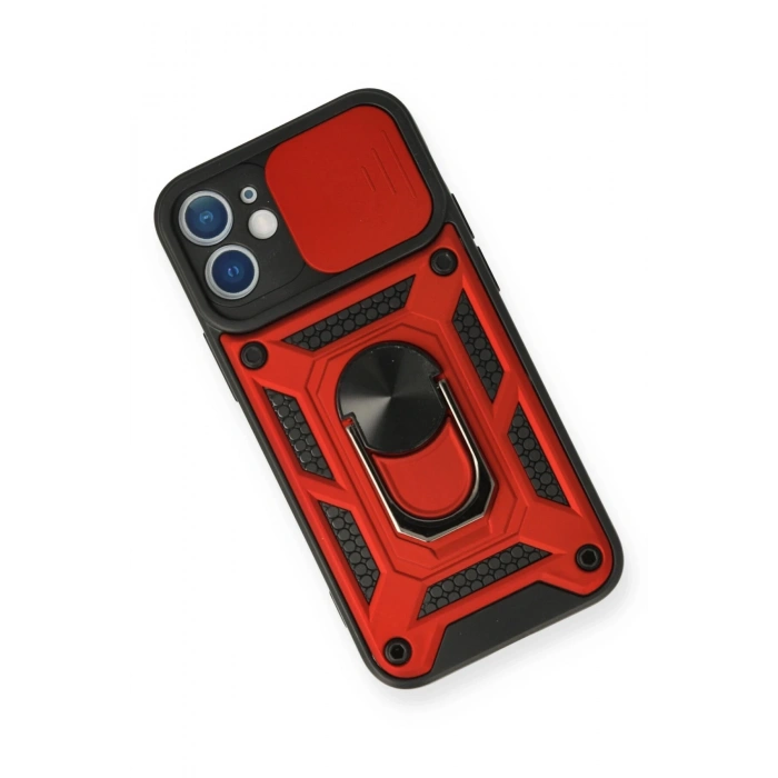 Newface iPhone 12 Kılıf Pars Lens Yüzüklü Silikon - Kırmızı