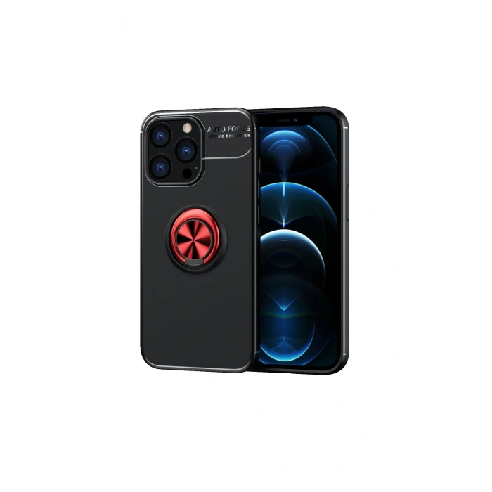 Newface iPhone 13 Pro Max Kılıf Range Yüzüklü Silikon - Siyah-Kırmızı