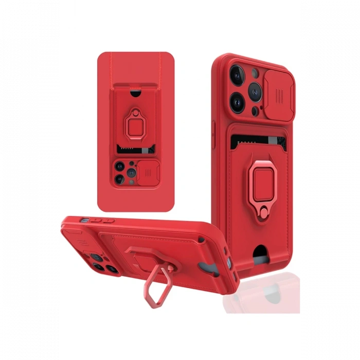 Newface iPhone 14 Pro Kılıf Zuma Kartvizitli Yüzüklü Silikon - Kırmızı