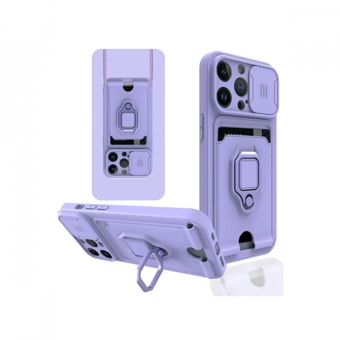 Newface iPhone 14 Pro Kılıf Zuma Kartvizitli Yüzüklü Silikon - Lila