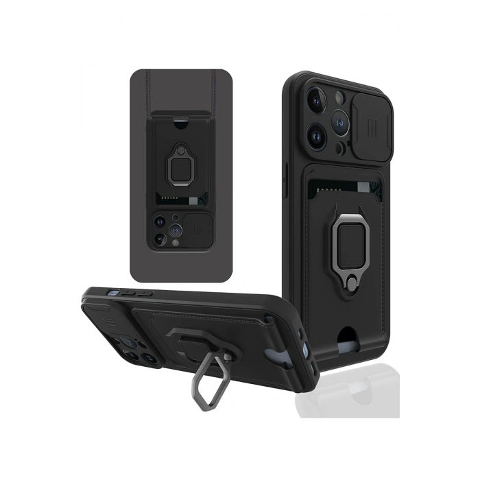 Newface iPhone 14 Pro Kılıf Zuma Kartvizitli Yüzüklü Silikon - Siyah