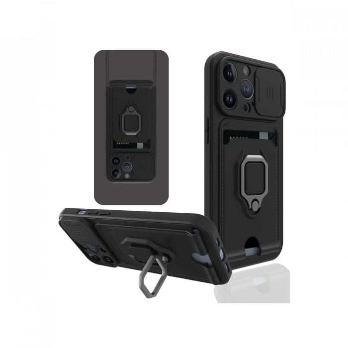 Newface iPhone 14 Pro Kılıf Zuma Kartvizitli Yüzüklü Silikon - Siyah